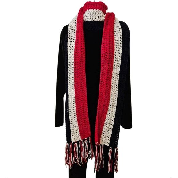 Vintage Red White and Blue Handmade Scarf with Tassle - Picture 1 of 4
